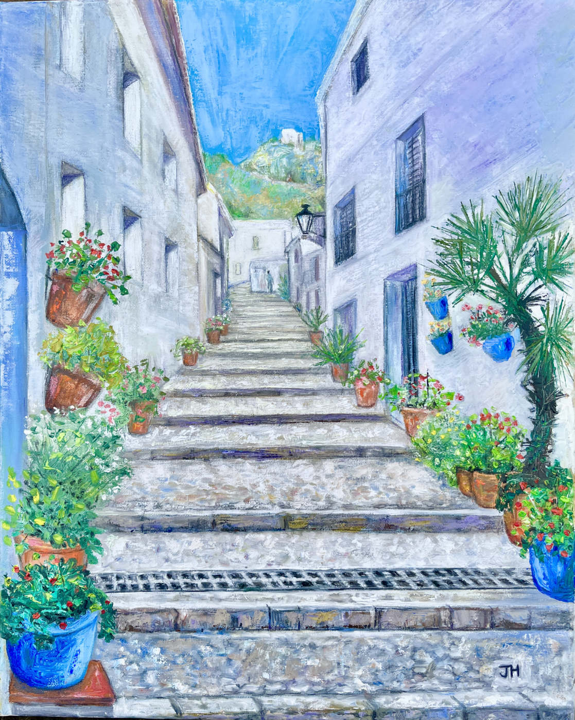 Painting looking up stairs in La Orotava Tenerife in oil by Joan Hudson