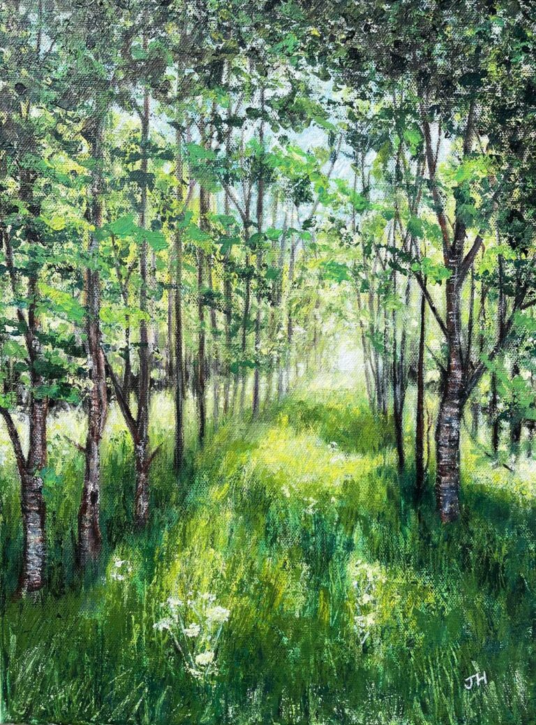 Misty early morning light filtering through silver-barked cherry trees over lush bright green grass – acrylic painting by Joan Hudson