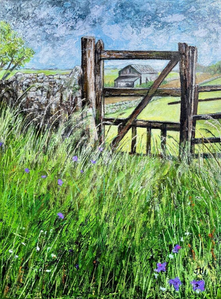 Rustic wooden field gate and dry stone wall posts with tall grass and blue wildflowers in the foreground, a stone barn visible beyond at Conistone, Yorkshire Dales – acrylic painting by Joan Hudson