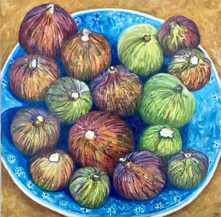 A blue and white bowl piled high with ripe figs in rich purples, reds and greens on a golden ochre background – still life in acrylic and oil by Joan Hudson