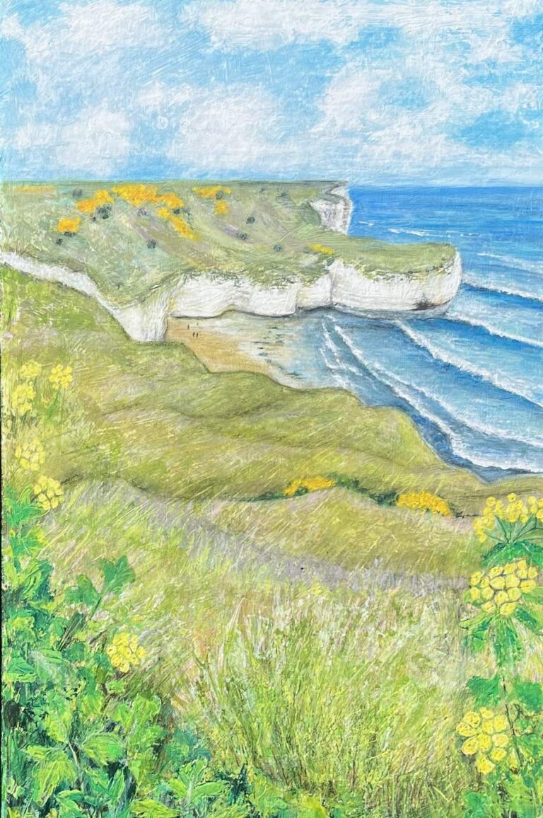 White chalk cliffs at Flamborough Head, East Yorkshire, sweeping down to a deep blue sea with yellow wildflowers on the clifftop and a cloudy sky – acrylic painting by Joan Hudson