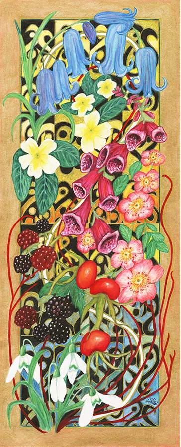 Decorative four-seasons floral panel with bluebells, foxgloves, blackberries and snowdrops on a black and gold Art Nouveau patterned background – acrylic painting by Joan Hudson