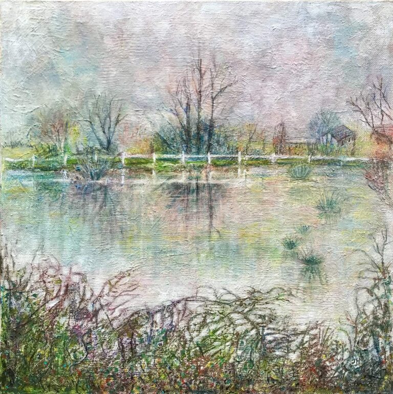 Atmospheric misty winter pond at Gembling with bare trees and a white fence reflected in still lavender-toned water – oil painting by Joan Hudson