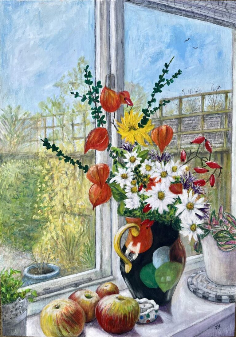 Windowsill still life with a dark glazed jug of daisies, orange Chinese lanterns and yellow flowers beside apples, with a sunlit garden visible through the window – oil painting by Joan Hudson