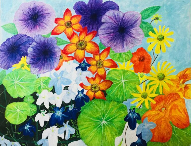 Vibrant close-up of hanging basket flowers including purple petunias, orange and red dahlias, yellow black-eyed Susans and blue lobelia against a pale sky – oil painting by Joan Hudson