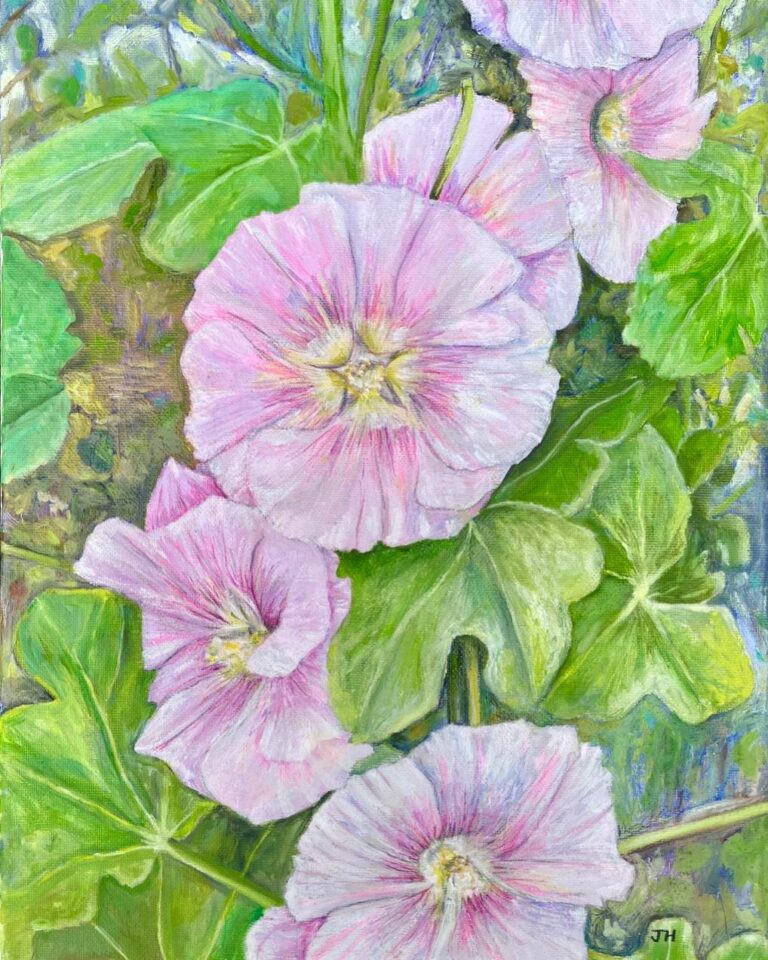 Close-up of soft pale pink hollyhock blooms with delicate petals and yellow centres, surrounded by broad green leaves – oil painting by Joan Hudson