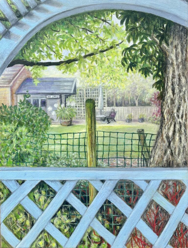 View through a white painted arched garden trellis to a neighbouring garden with a shed, large tree and a figure seated in a chair – oil painting by Joan Hudson