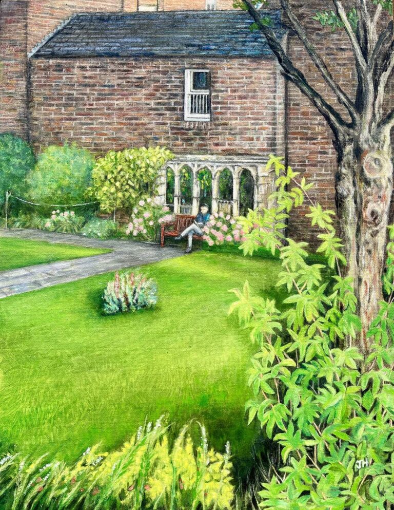 A figure reading on a bench beneath a white pergola arch in the sunlit gardens of the Merchant Adventurers' Hall, York, surrounded by green lawns and summer planting – oil painting by Joan Hudson