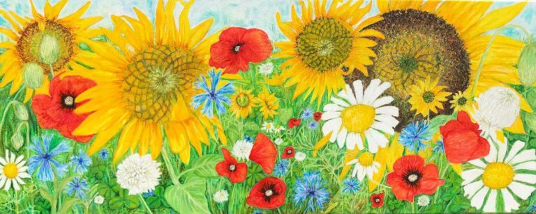 Wide panoramic wildflower meadow with giant yellow sunflowers, red poppies, blue cornflowers and white daisies under a pale blue sky – large acrylic painting by Joan Hudson