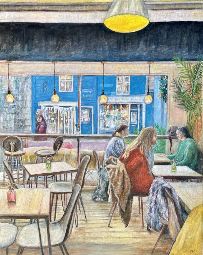Bustling interior of North South Café, York, with women at tables, warm yellow pendant lights and blue shopfronts visible through the large windows – oil painting by Joan Hudson
