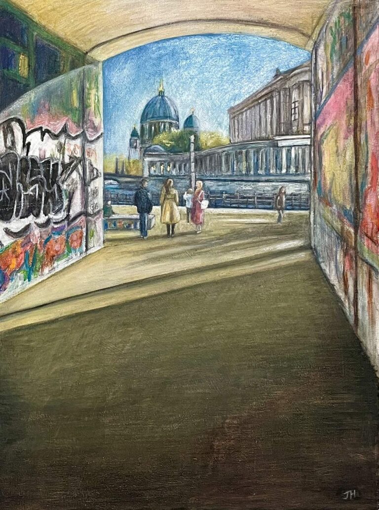 Graffiti-covered Berlin underpass framing a sunlit view of Berlin Cathedral dome and neoclassical buildings beyond, with figures walking in the distance – acrylic and crayon by Joan Hudson