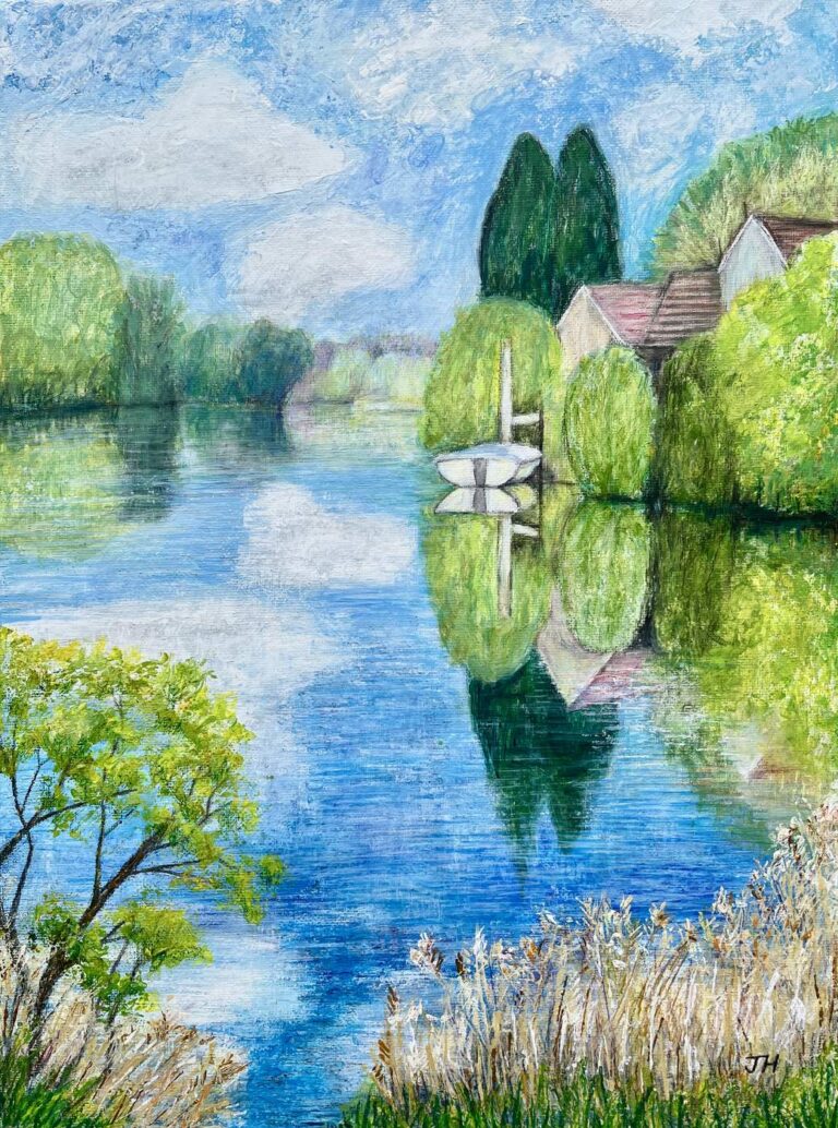 Serene river scene with weeping willows and lush green trees reflected in calm blue water, a moored white boat and red-roofed cottage beyond – acrylic painting by Joan Hudson