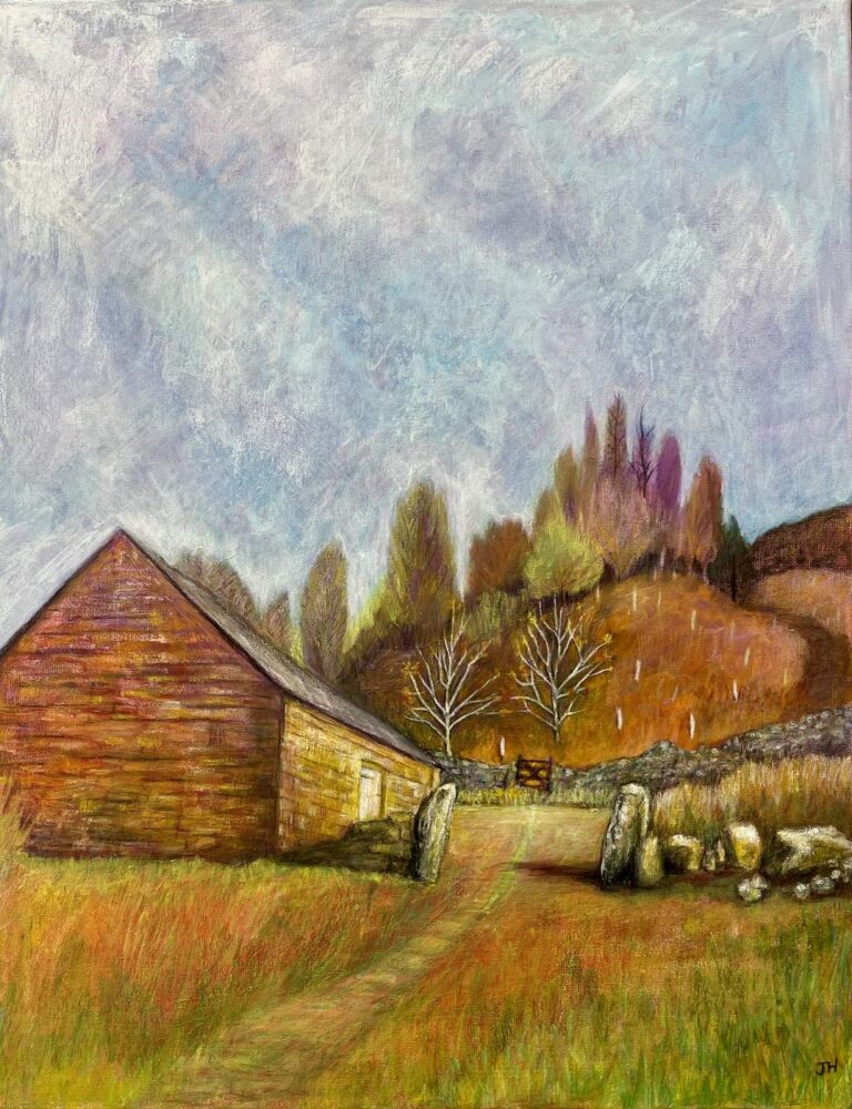 Rosedale, North Yorkshire Moors – a red stone barn amid golden autumn moorland under a stormy purple-grey sky, with bare trees and dry stone walls – acrylic and crayon by Joan Hudson