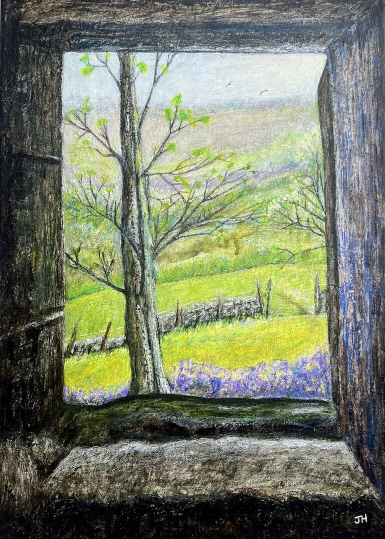 Spring Yorkshire Dales landscape with purple bluebells viewed through a dark barn doorway, a bare tree in new leaf, dry stone walls and green fields beyond – acrylic painting by Joan Hudson