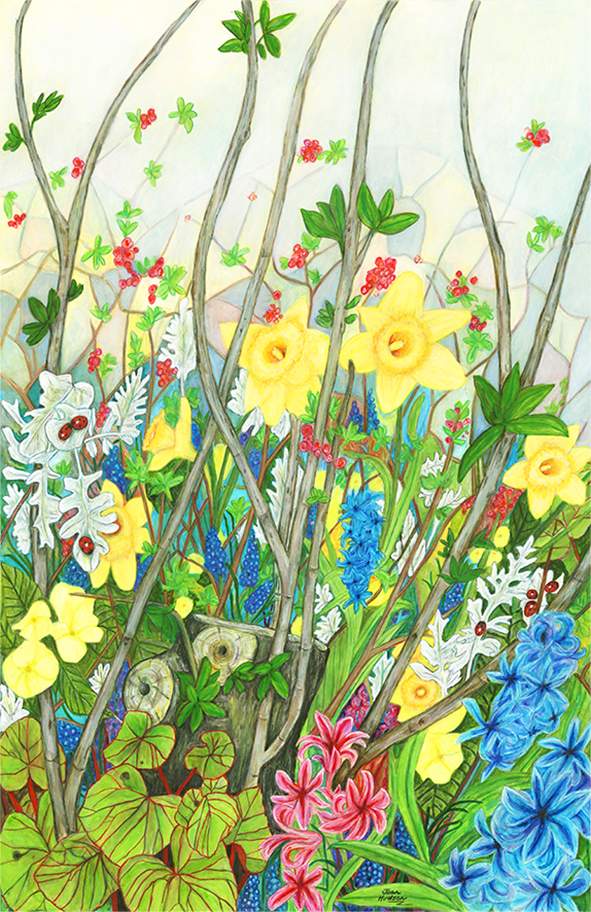 Abundant spring garden with yellow daffodils, blue and pink hyacinths, purple grape muscari and red berries in a lush decorative composition – acrylic painting by Joan Hudson
