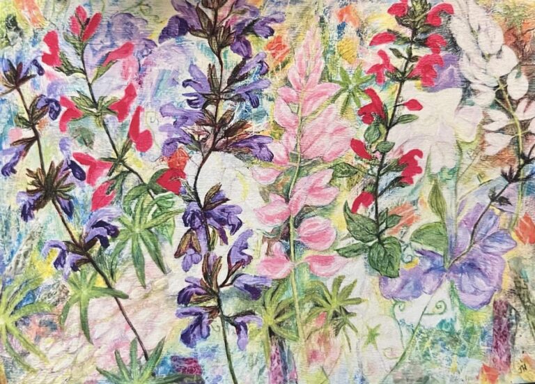 Loose impressionistic summer garden with purple salvias, pink snapdragons and white blooms in a delicate layered mixed-media composition – acrylic painting by Joan Hudson