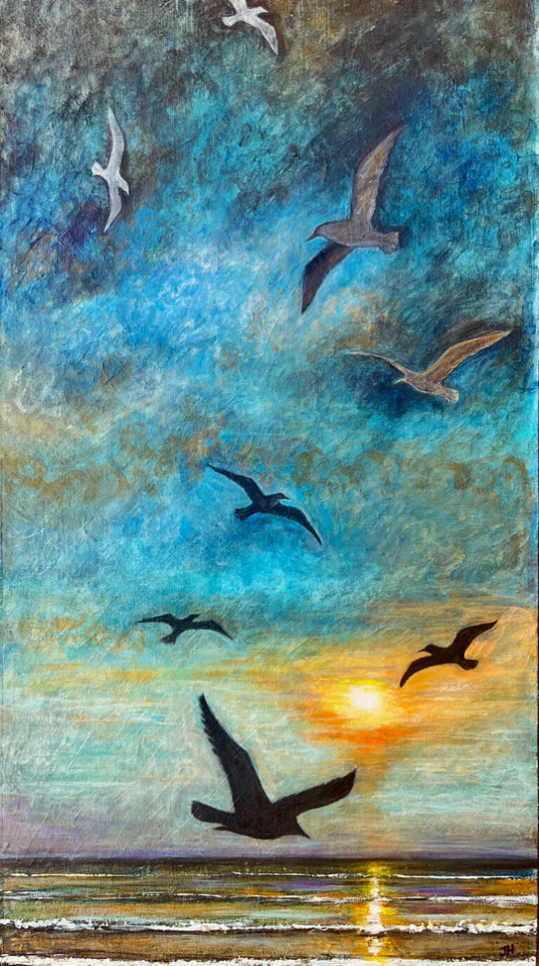 Bridlington sunrise with Seagull silhouettes looking out to sea – acrylic painting by Joan Hudson