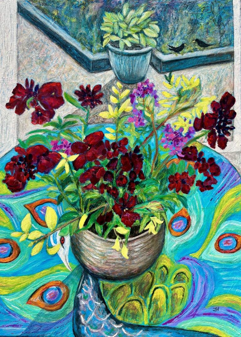 Sunroom still life with dark red and maroon wallflowers in a pot on a vivid swirling blue and green patterned surface – oil pastel and acrylic by Joan Hudson
