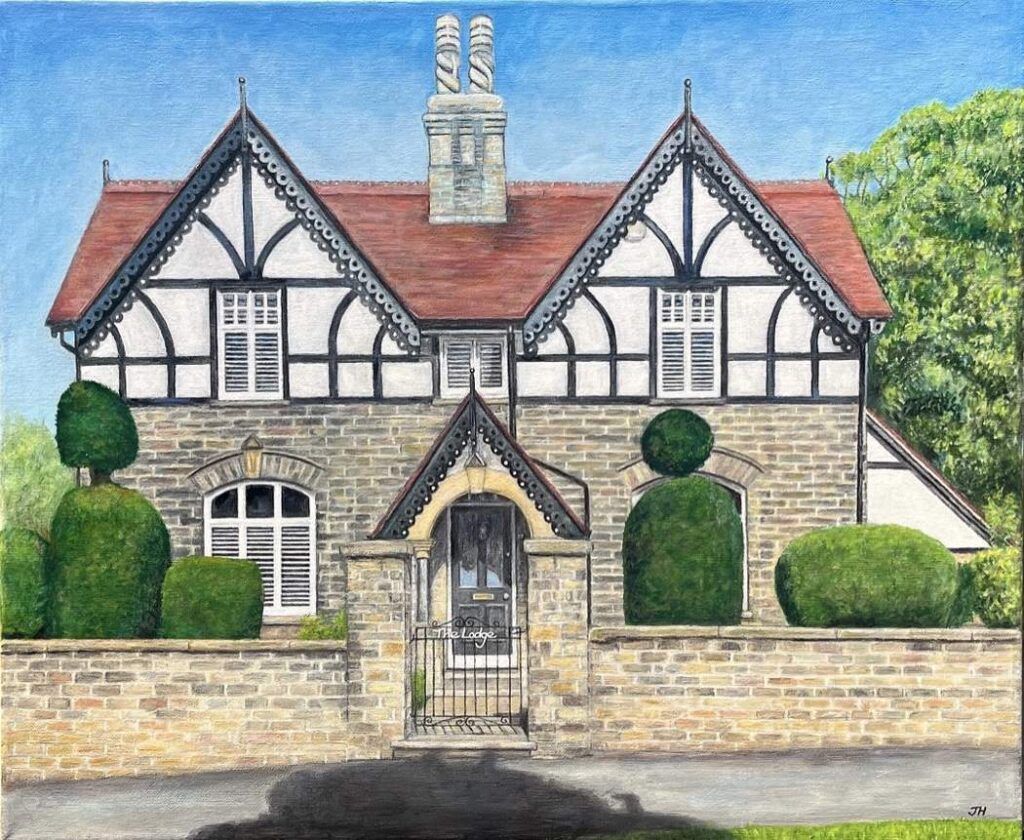 Commissioned oil painting of The Lodge, Eastgate, Hornsea – a Victorian Gothic stone house with black and white timbering, decorative chimneys, ornate iron gate and clipped topiary under blue sky – by Joan Hudson