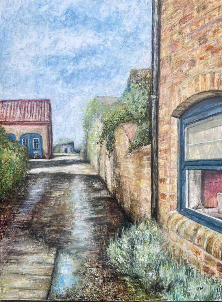 Narrow lane beside a warm red brick old mill building at Foston, East Yorkshire, with an arched window, stone walls and outbuildings in the distance – acrylic painting by Joan Hudson