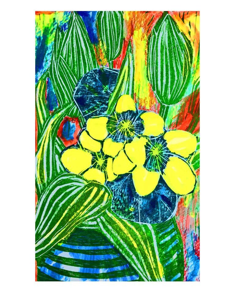 Bold, high-contrast mixed media work with vivid yellow marsh marigolds and broad striped green leaves on a bright red and blue background – print and acrylic by Joan Hudson