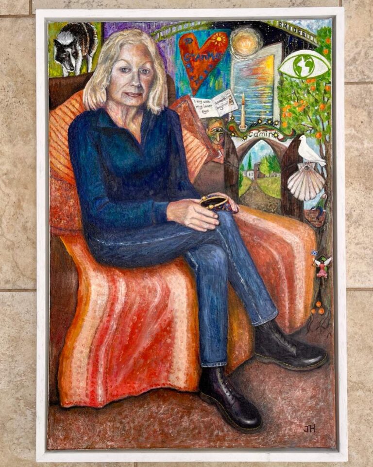 Self-portrait of Joan Hudson seated in a red armchair, surrounded by personally symbolic imagery including a Camino scallop shell, heart, orange tree, dove and book – oil painting by Joan Hudson