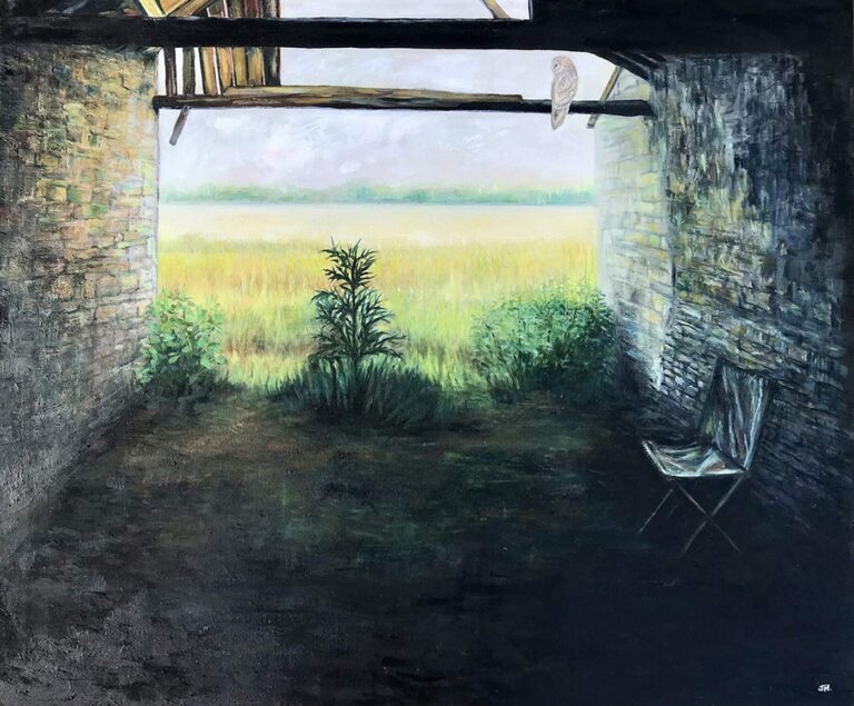 View from the dark interior of an Oxfordshire stone barn through a wide doorway to a sunlit golden field, with a white barn owl perched on a beam above – oil painting by Joan Hudson
