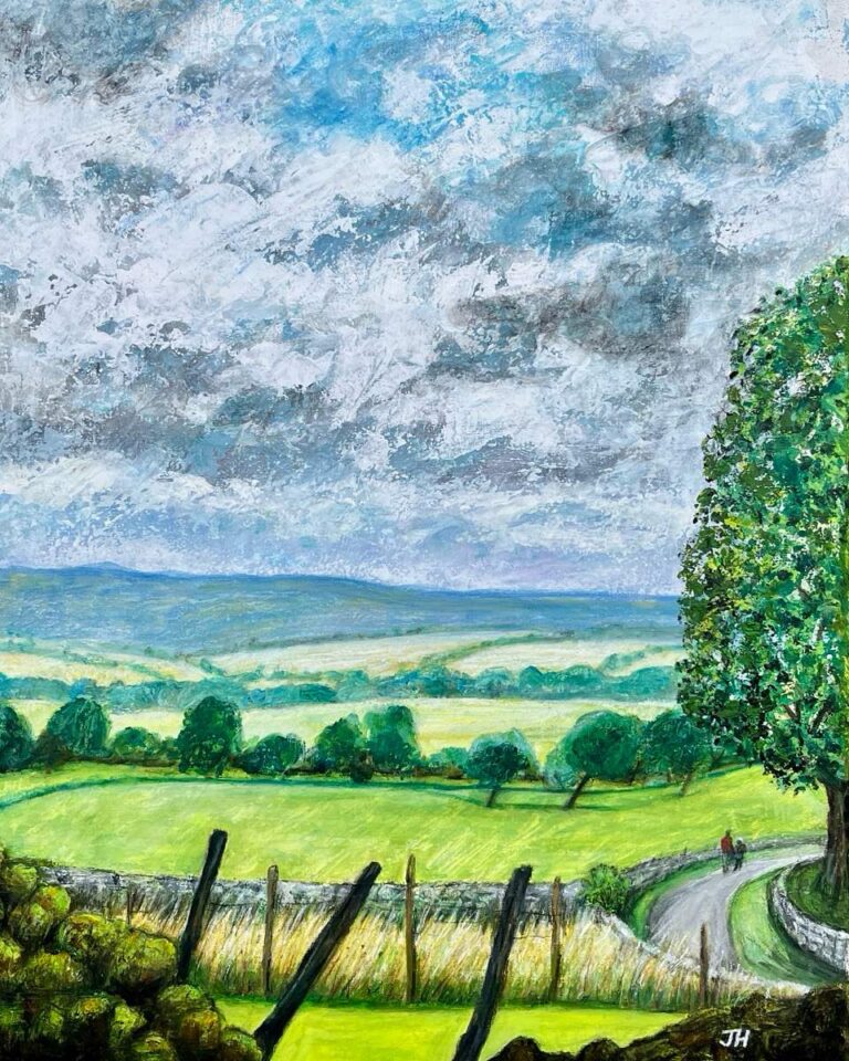 Wide open Yorkshire landscape from Wood Nook with rolling green fields, dry stone walls, two figures on a winding lane and a dramatic stormy sky – acrylic painting by Joan Hudson