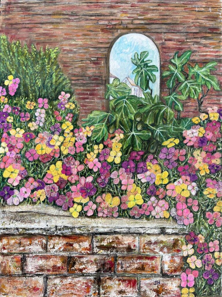Pink, yellow and mauve wallflowers cascading over a crumbling old brick wall, with a pale arched window visible through the lush foliage above – acrylic painting by Joan Hudson