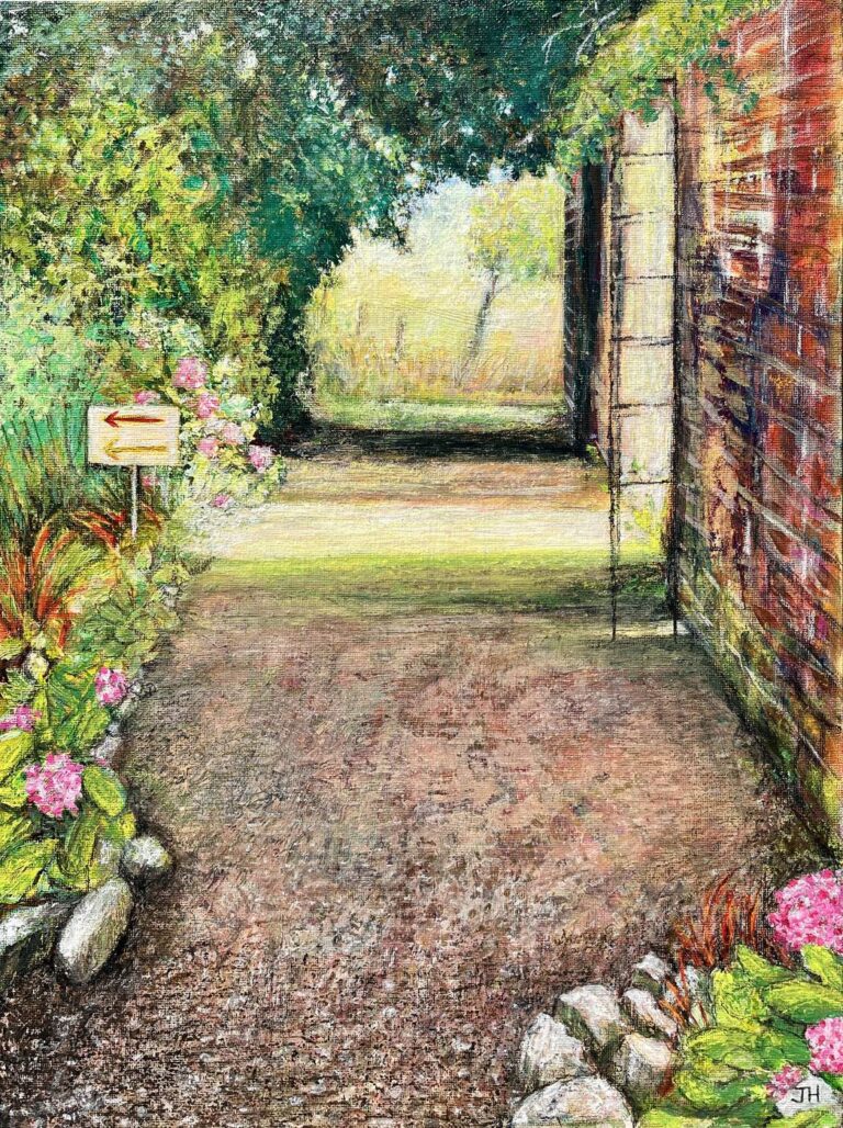 Garden path through a brick gate at Wassand Hall, East Yorkshire, flanked by pink hydrangeas and a directional sign, with a sunny landscape opening beyond – acrylic painting by Joan Hudson