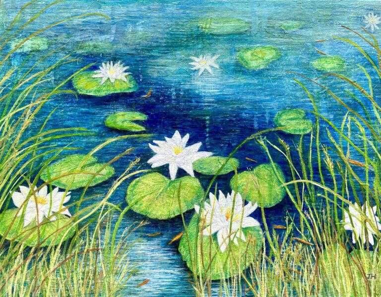 White water lily blooms on green lily pads in a serene pond at Lerum, Sweden, surrounded by tall reeds and grasses in deep blue water – oil painting by Joan Hudson
