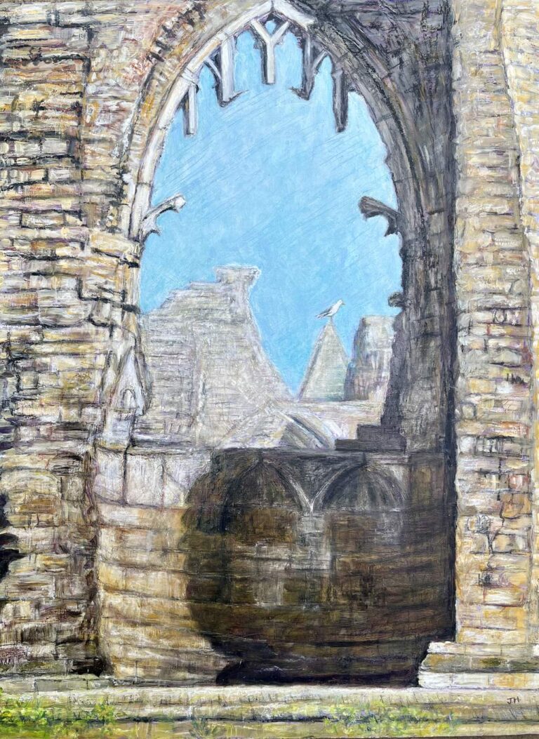 Looking through a Gothic pointed arch of Whitby Abbey ruins to sunlit ruined towers beyond, with a lone seagull perching on the ancient stone – acrylic painting by Joan Hudson
