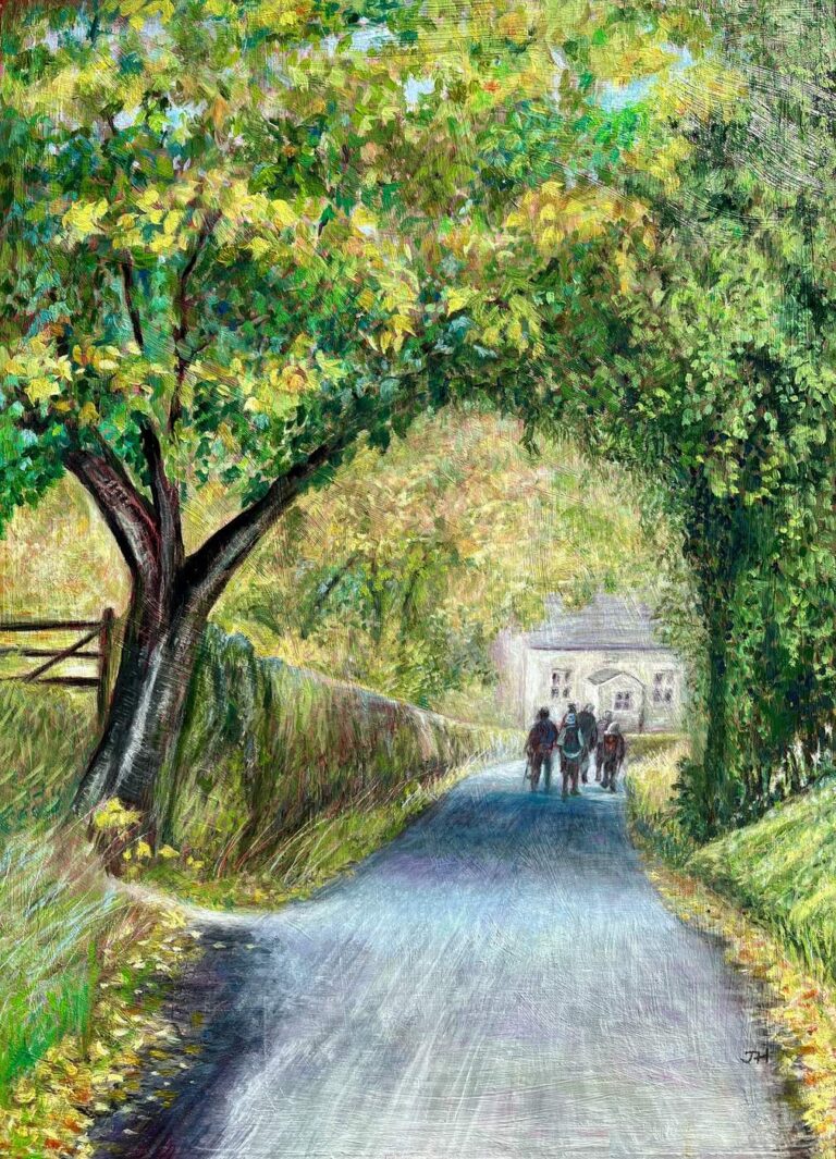 Three walkers heading down a golden autumn lane on the Yorkshire Wolds beneath an arch of autumn trees, fallen leaves on the road and a cottage ahead – oil painting by Joan Hudson