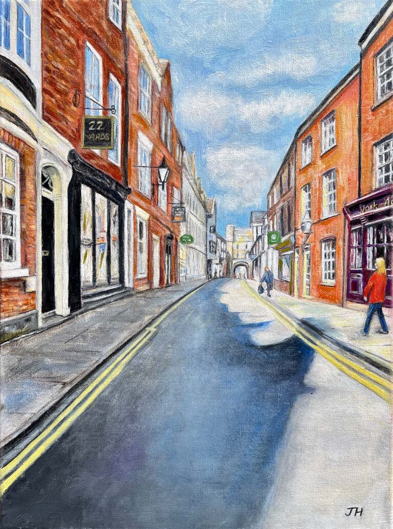 Oil painting looking down high peter gate in York, towards Bootham bar