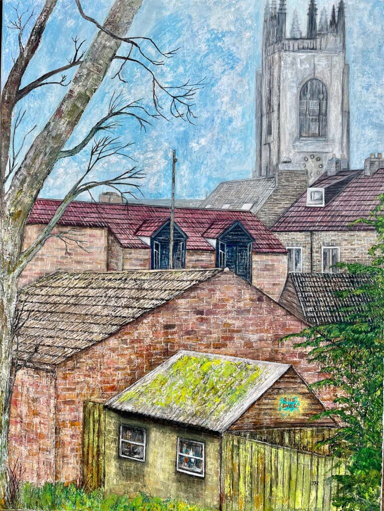 Yorkshire townscape with a moss-covered garden shed in the foreground, red brick rooftops and a church tower rising above – large acrylic painting by Joan Hudson