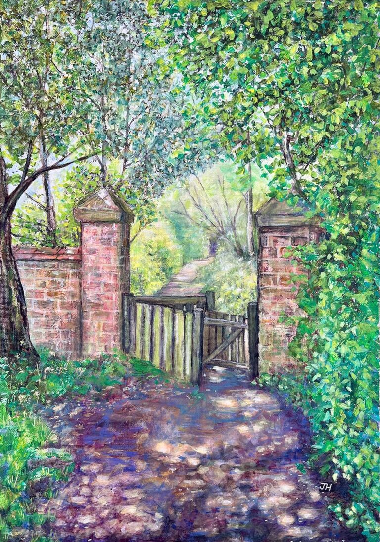 Sunlit path through old red brick gate pillars with a wooden gate, dappled summer light through lush green trees at Sheriff Hutton – acrylic and oil painting by Joan Hudson
