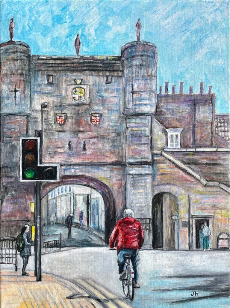 Bootham Bar medieval city gate in York with a red-jacketed cyclist riding through, heraldic shields on the stone gatehouse and a blue sky above – acrylic painting by Joan Hudson