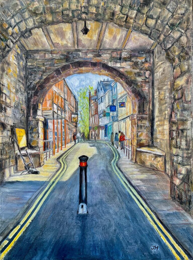 View through the stone arch of Bootham Bar down High Petergate, York, with a red Royal Mail post box and golden stone buildings lining the street – oil painting by Joan Hudson
