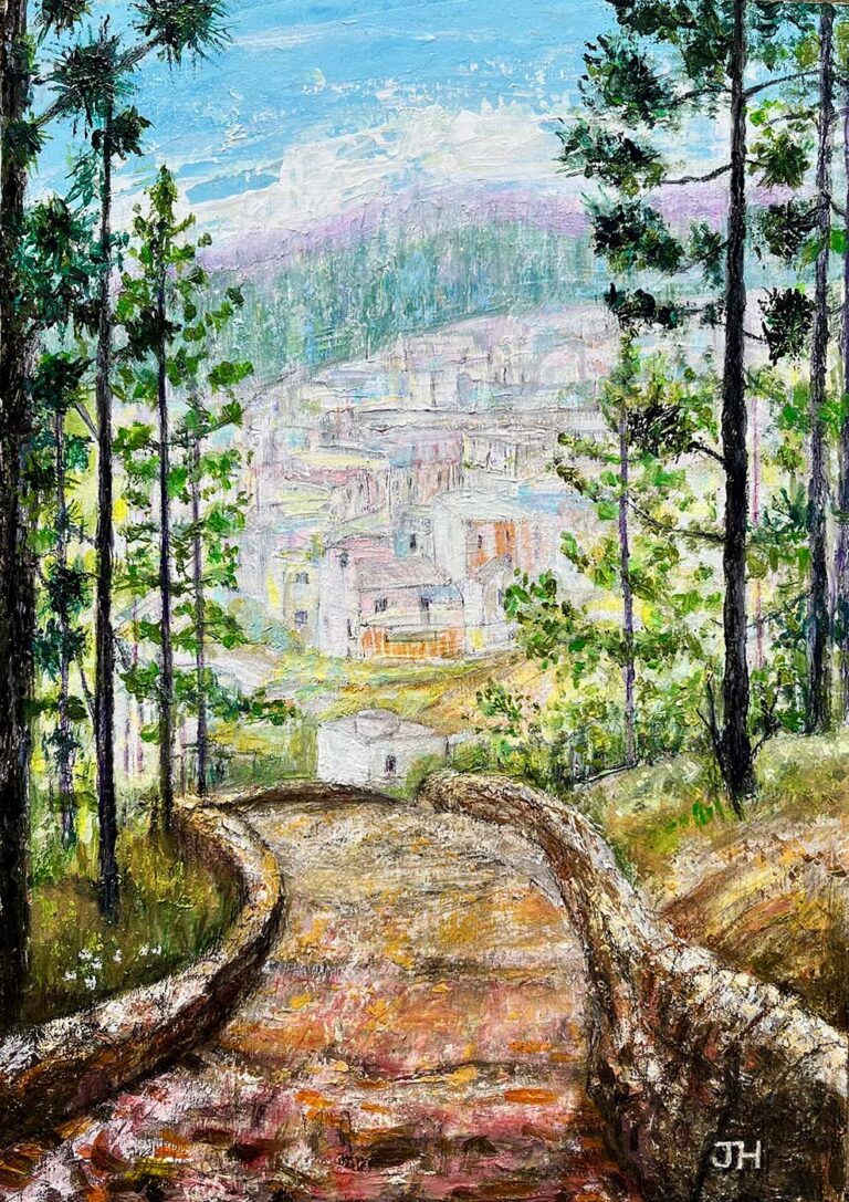 Winding path descending through tall pine trees toward the white-washed mountain village of Vilaflor, Tenerife – acrylic painting by Joan Hudson