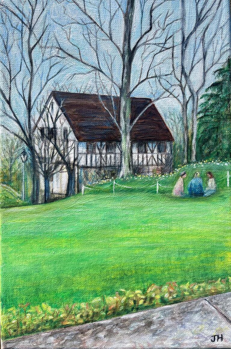 The medieval half-timbered Hospitium building in York Museum Gardens, viewed across a bright green lawn with small figures and bare winter trees – acrylic painting by Joan Hudson