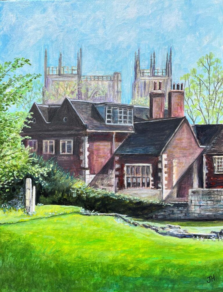 York Museum red brick building seen from the gardens with York Minster's towers rising above, surrounded by spring green trees and a bright green lawn – acrylic painting by Joan Hudson