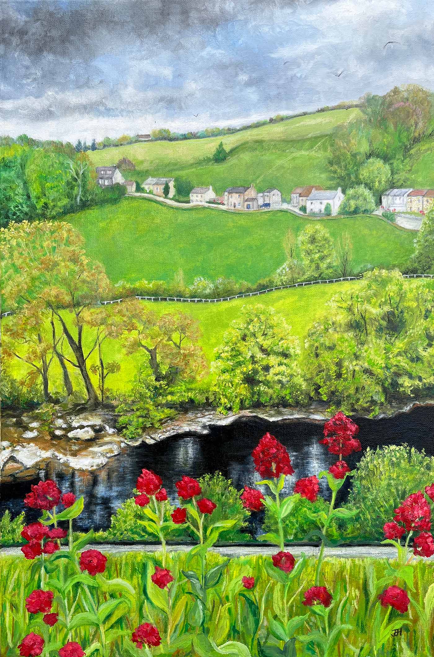 oil painting of river swale, view from Richmond Castle